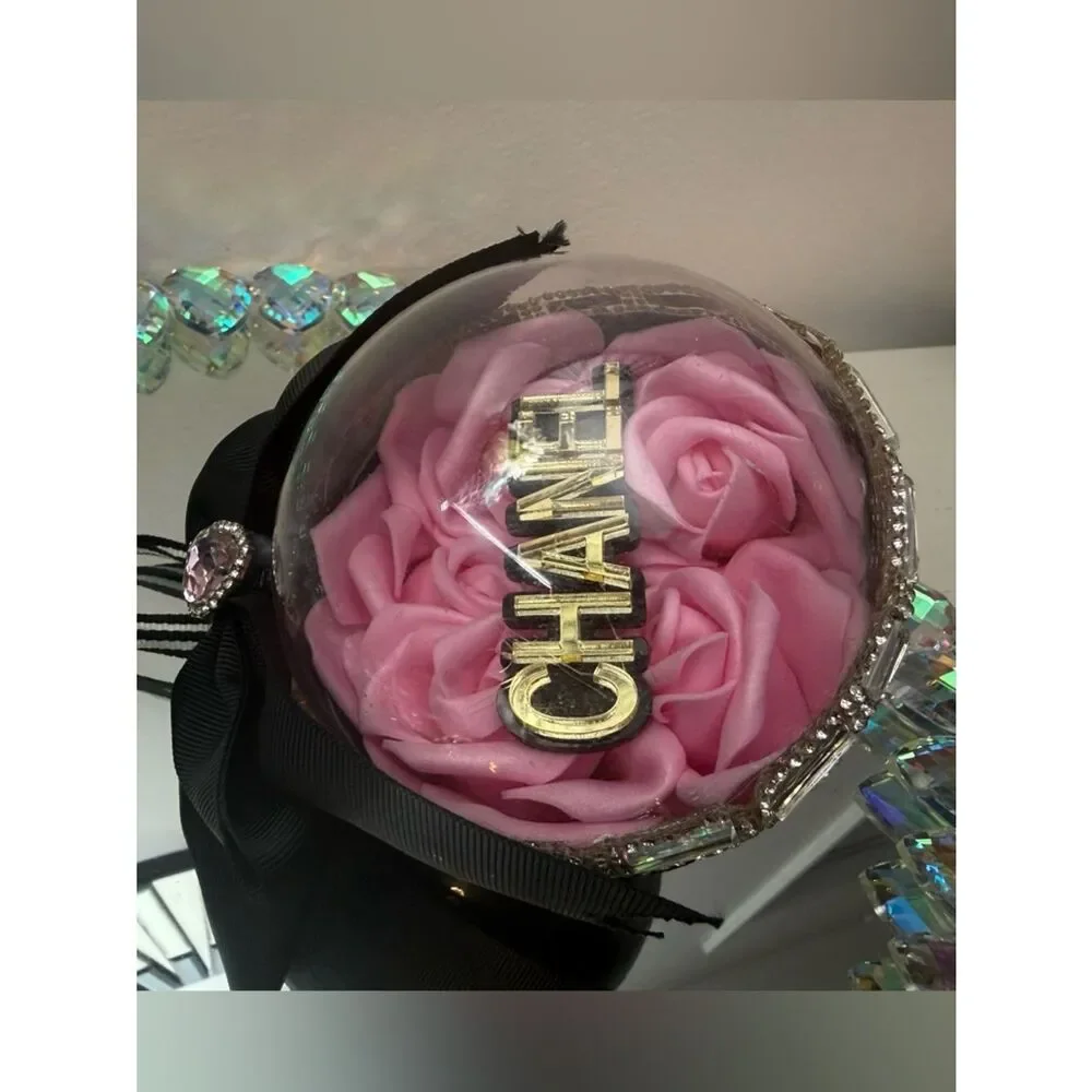 Luxury Pink Rose Ornament 4in Black Bow Gold Rhinestone Glam Chic Gift Decor